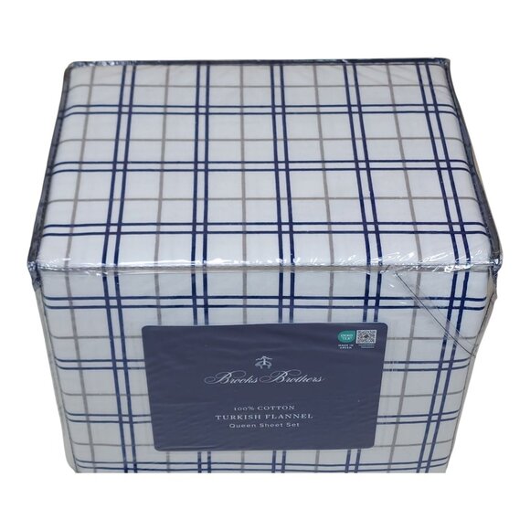 Brooks Brothers Queen Turkish Flannel Sheet Set 100% Cotton Blue White Plaid - Picture 6 of 8